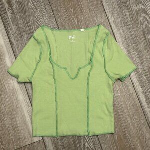 PAC Cares Sz XS Awesome Crop Top Tee Green Rib Knit Cotton